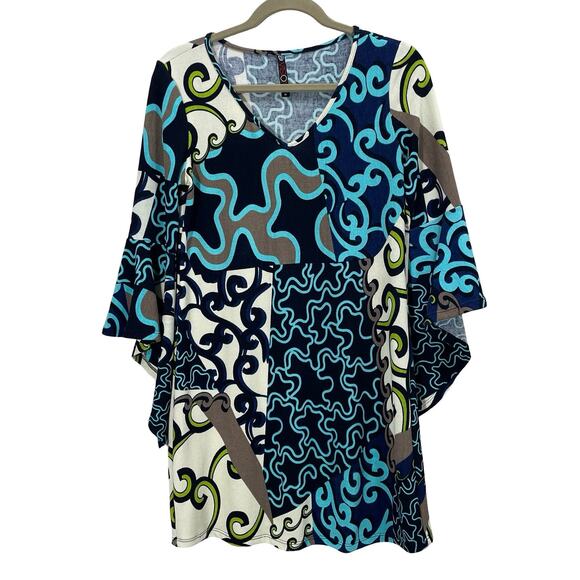 Vintage Vision Y2K Abstract Print Terry Mini Dress Bell Sleeves Size Medium - Picture 1 of 9